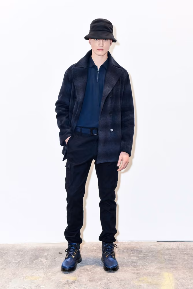 Navy bomber and knit ensemble, Zachary Prell, Fall 2017 Menswear.