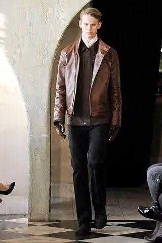 Brown leather jacket and dark trousers — Tony Melillo, Fall 2008 Menswear
