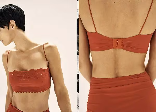 Rust bandeau bikini top, front and back — Suki Cohen, Date not documented