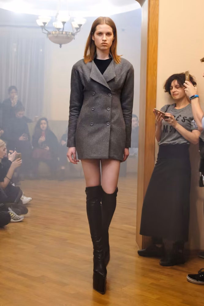 Gray tailored minidress by Anton Belinskiy, Kiev Fall 2018.