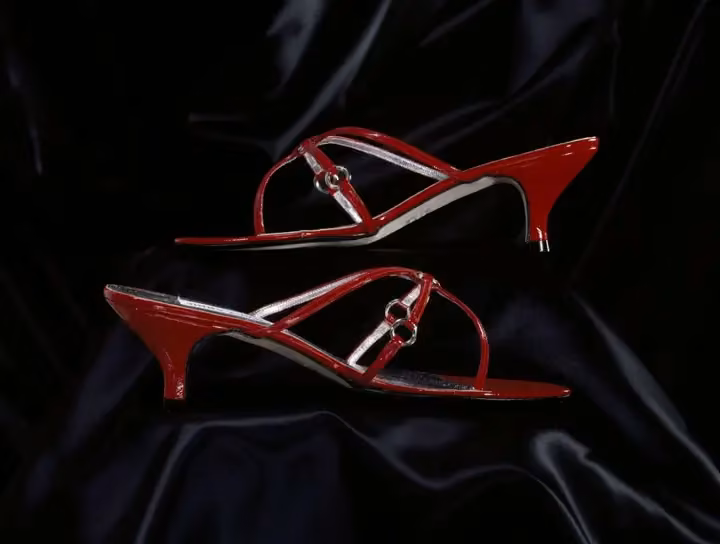 Red patent-leather sandals with kitten heels — Jimmy Choo, 1996