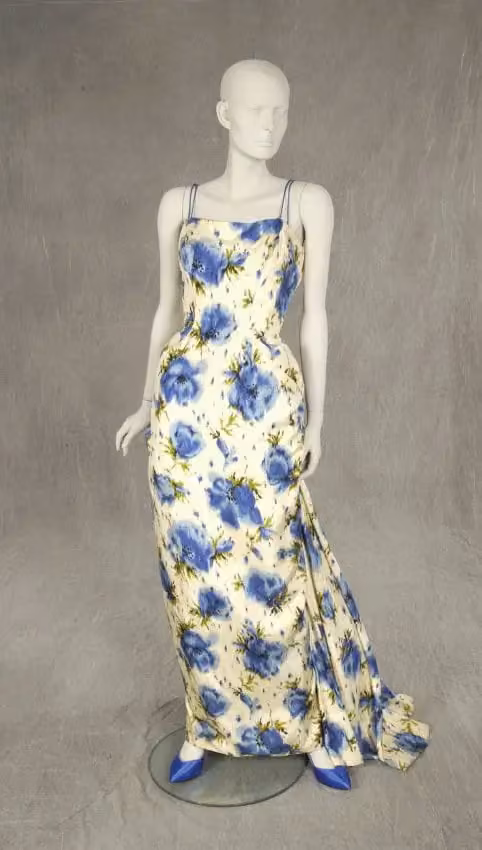 Blue-floral silk evening gown — Luis Estévez, 1956–1959