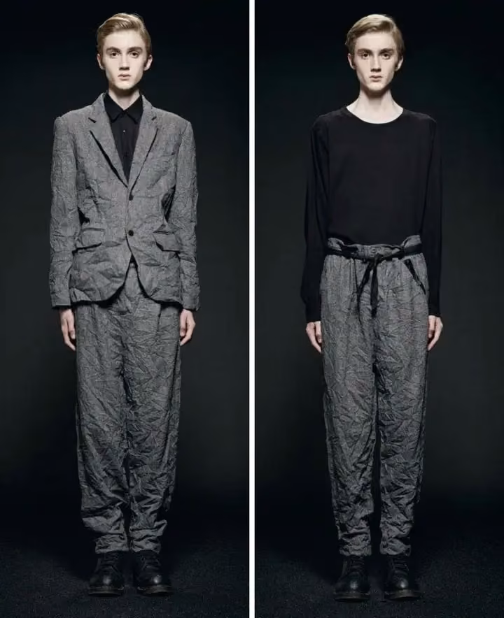 Wrinkled grey tailoring with tied-waist trousers — Camilla Sundin, Autumn/Winter 2011–2012