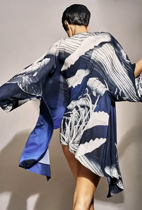 Blue and white printed beach robe — Suki Cohen, Featured August 2018