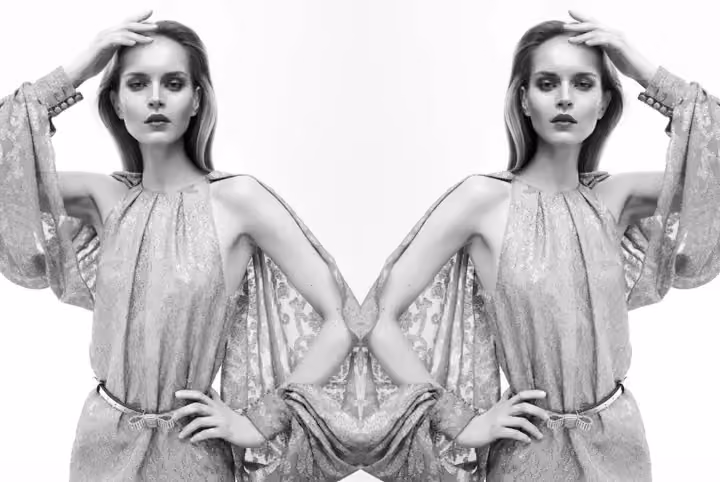 Draped Ole Yde dress with open sleeves, mirrored editorial photograph — Ole Yde, Date not documented
