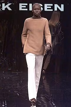 Camel sweater and pale trousers by Mark Eisen, Fall 2000 Ready-to-Wear.