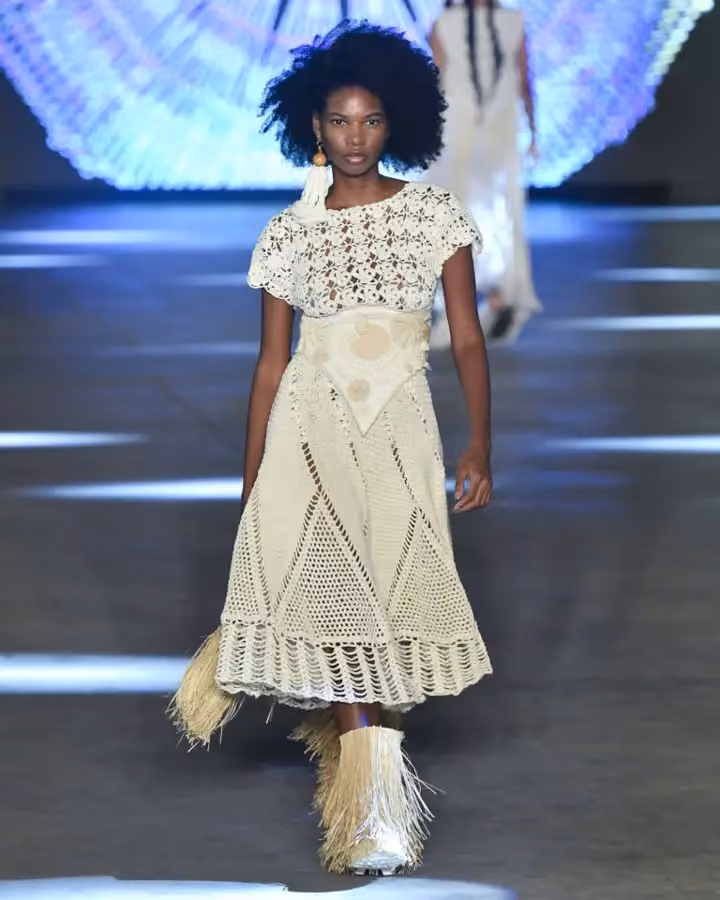 Cream crochet dress ensemble — Dayana Molina, Shown July 2024