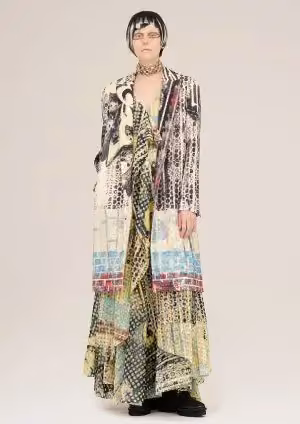 Printed long jacket and wide trousers — Hiroko Koshino, Autumn/Winter 2026–27