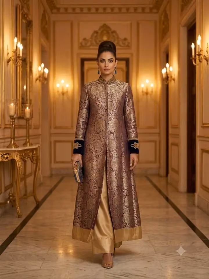 Long metallic-toned tunic and trousers — Maheen Khan, Date not documented