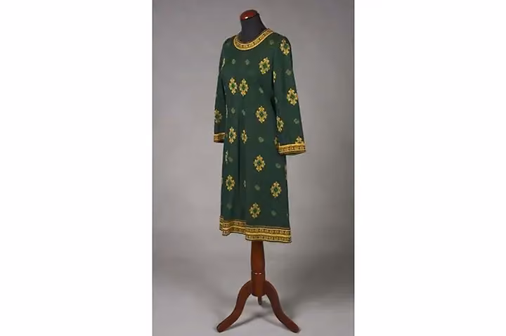 Green jersey dress with borders — Katja Geiger, 1970s
