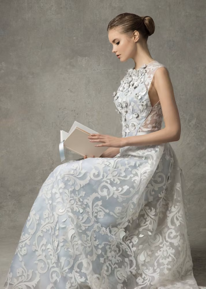 Pale lace halter gown by Angel Sanchez, Bridal Spring 2017.
