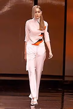 White shirt and trousers with red accents by Tristan Webber, Spring 2001 Ready-to-Wear.