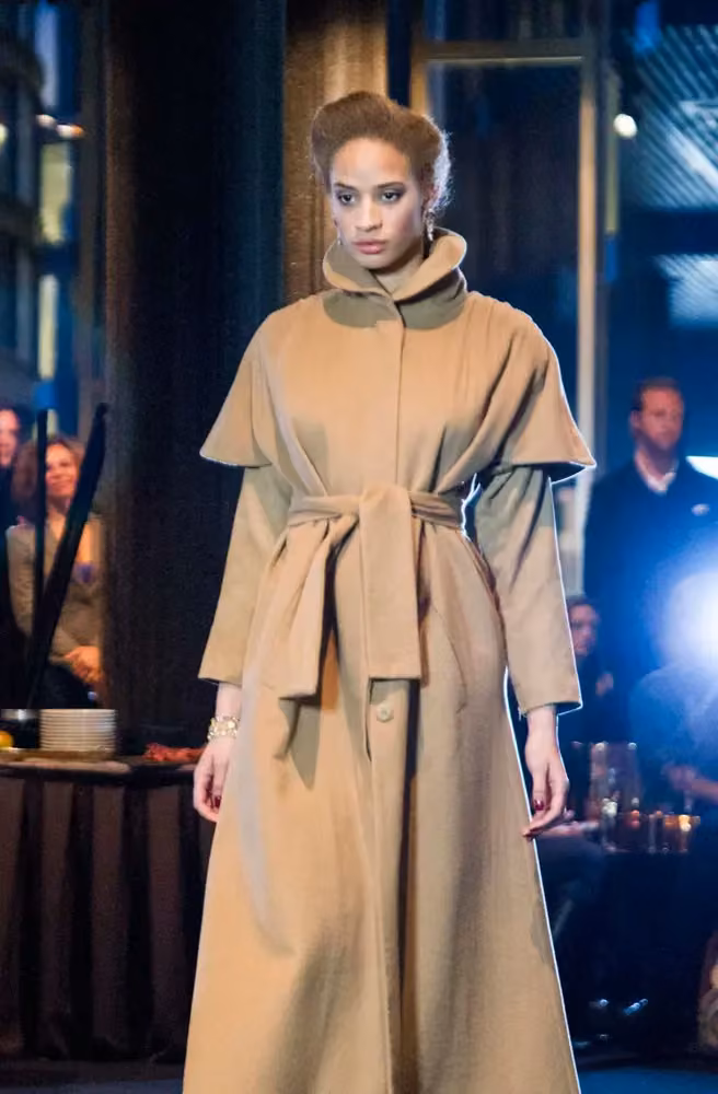 Camel belted cape-sleeve coat — Kathrine Nørgård, Shown February 2014