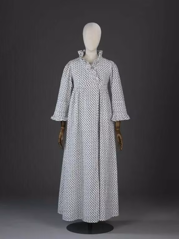 Navy-and-white printed cotton dress — Laura Ashley, 1972-1975