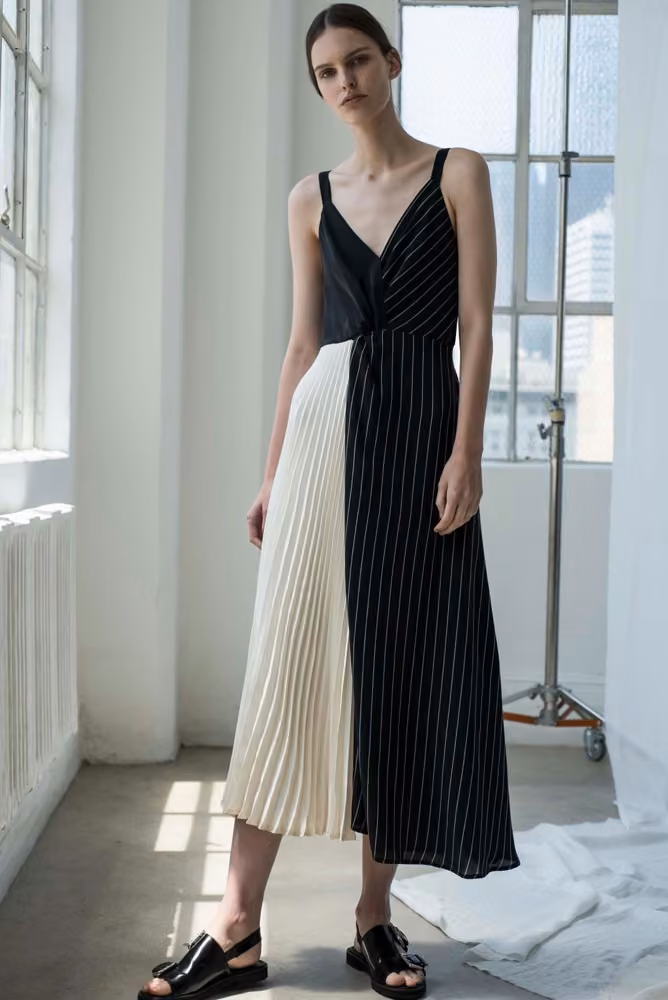 Black-and-ivory pleated midi dress, Shaina Mote, Spring 2017 Ready-to-Wear.