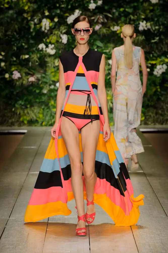 Bright striped swimsuit and long open vest — Laura Biagiotti, Spring/Summer 2016