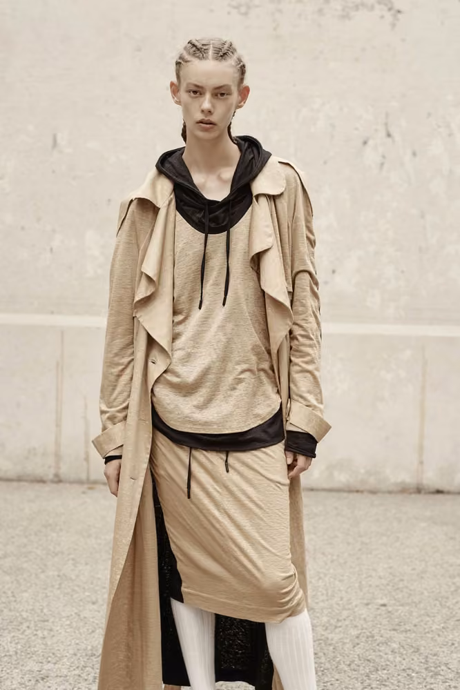 Beige hooded layers by Josh Goot, Spring 2017 Ready-to-Wear.