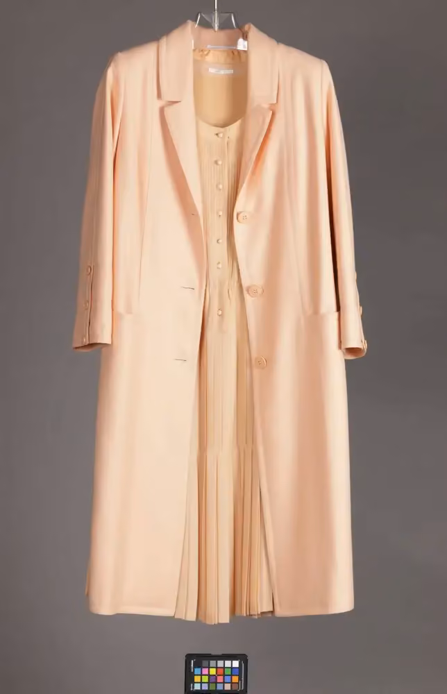 Peach dress and coat ensemble — Louis Féraud, Late 1970s