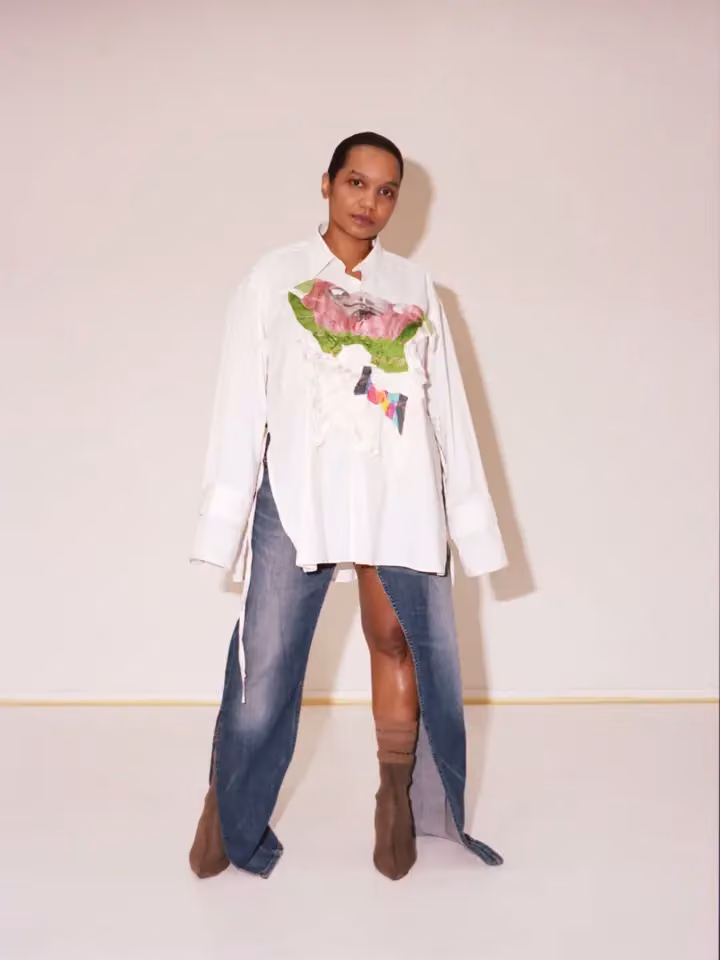 White layered shirt and denim ensemble — Minna Palmqvist, Date not documented