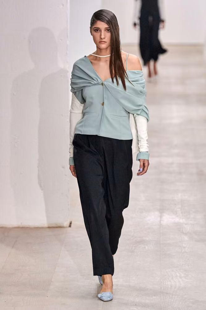 Pale green draped jacket by Marta Jakubowski, Spring 2020 Ready-to-Wear.