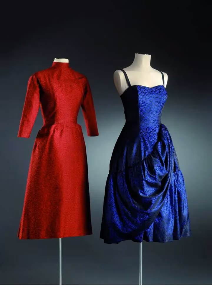 Red afternoon dress, at left — Maria Antonelli, 1953–1955