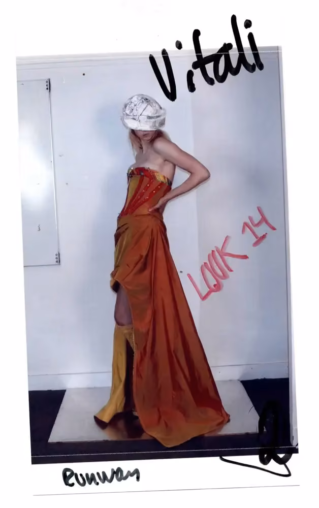 Orange draped long dress — Look 21 — Louise Lyngh Bjerregaard, Autumn/Winter 2024–2025