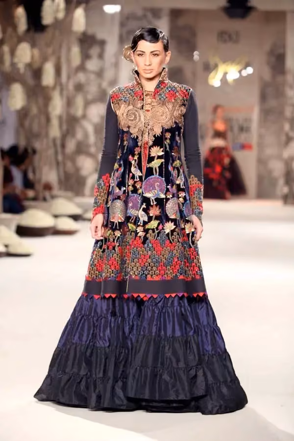 Dark embroidered gown with a ruffled hem — Rohit Bal, Date not documented