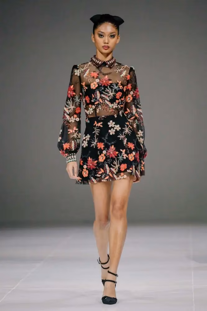 Floral short dress with sheer sleeves — Sebastian Gunawan & Cristina Panarese, 2024–2025