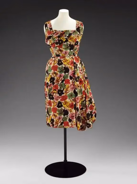 Printed silk cocktail dress — Digby Morton, ca.1952