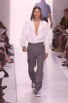 Open-neck white blouse and gray trousers, Matt Nye, Spring 2000 Ready-to-Wear.