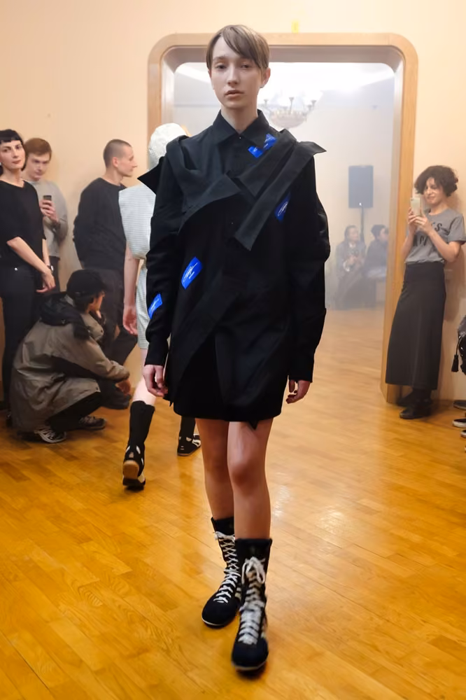 Dark layered utility dress by Anton Belinskiy, Kiev Fall 2018.
