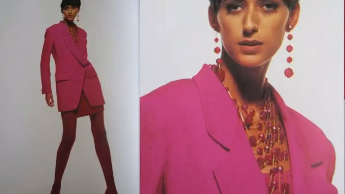Hot-pink elongated blazer and red skirt — Louis Dell’Olio, Spring 1991