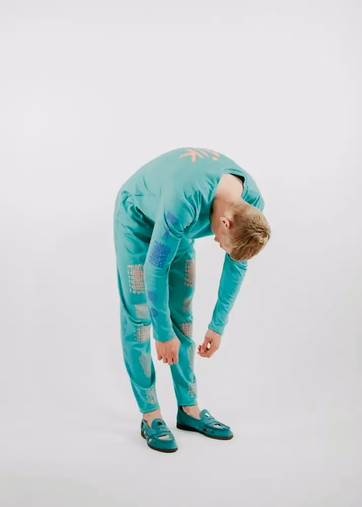 Turquoise typography-print shirt and trousers — Ida Falck Øien, Date not documented