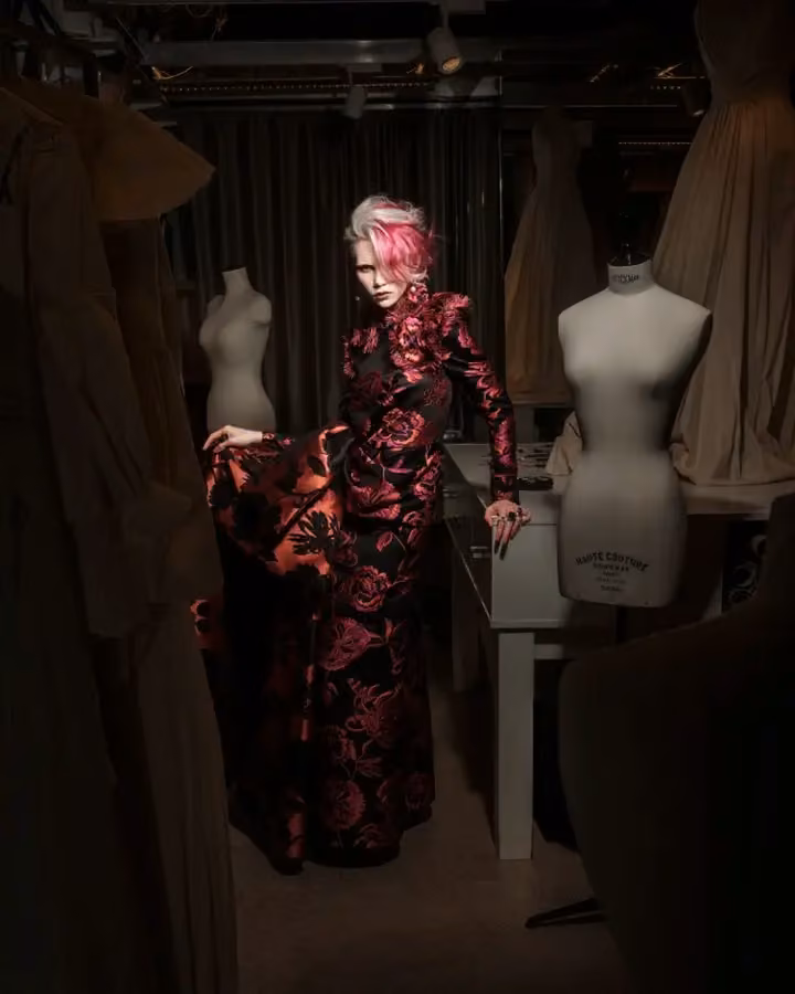 Black and red floral gown with long sleeves — Lars Wallin, Date not documented; exhibited 2024