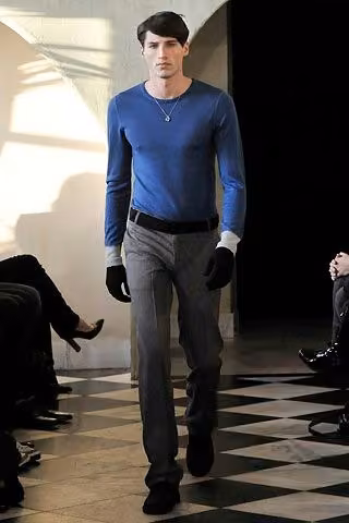Blue V-neck knit and gray trousers — Tony Melillo, Fall 2008 Menswear