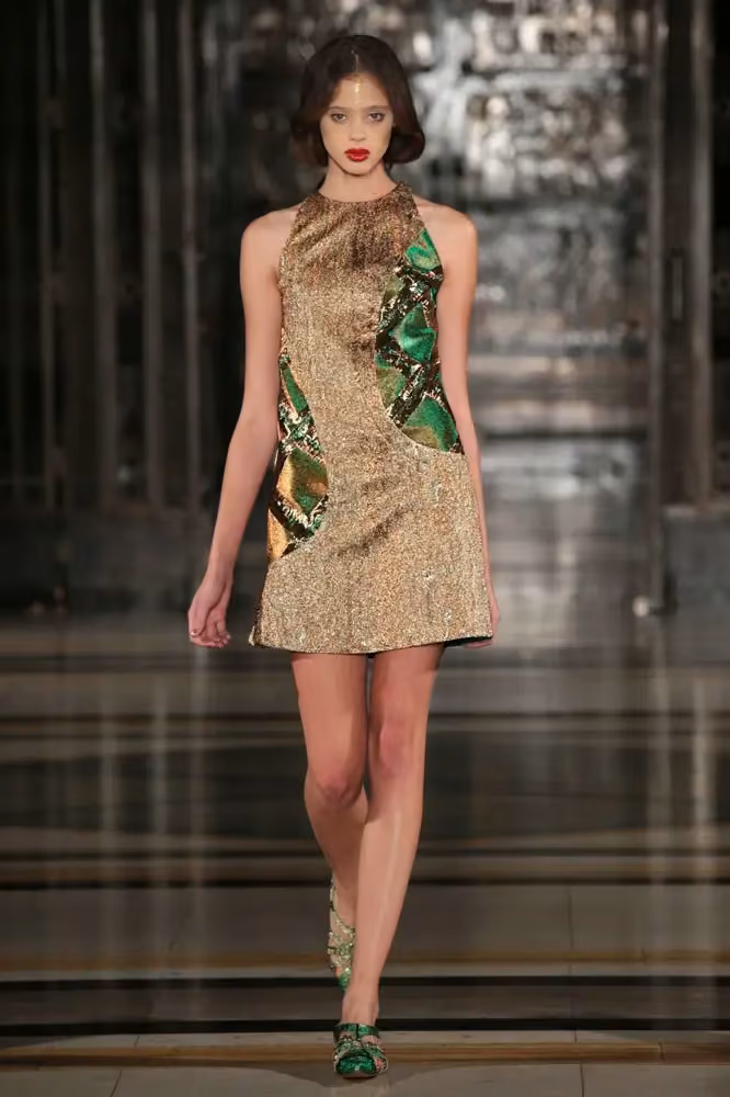 Gold halter minidress with green inset panels — Bernard Chandran, Spring/Summer 2014