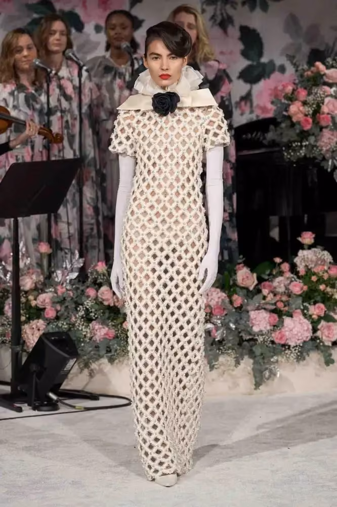 Ivory openwork dress with a black neck bow — Richard Quinn, Spring/Summer 2024
