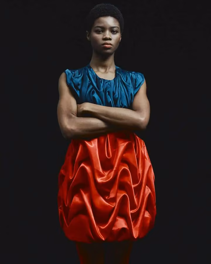 Turquoise ruched top and red skirt — Adebayo Oke-Lawal, Presented 2024