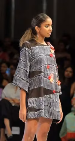 Grey striped dress with floral appliqué — Sonali Dharmawardena, 2023
