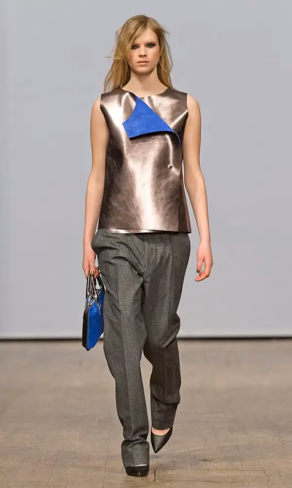 Metallic-paneled top and blue trousers — Roland Hjort, Autumn/Winter 2014