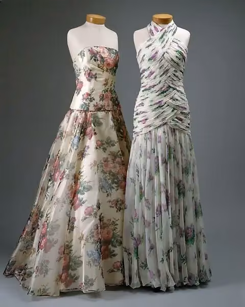 Strapless floral ball gown — left dress — Catherine Walker, Spring/Summer 1990