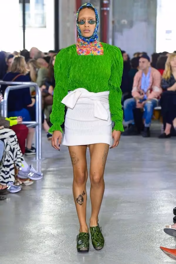 Bright green blouse and white skirt — Tuomas Merikoski, Autumn/Winter 2019
