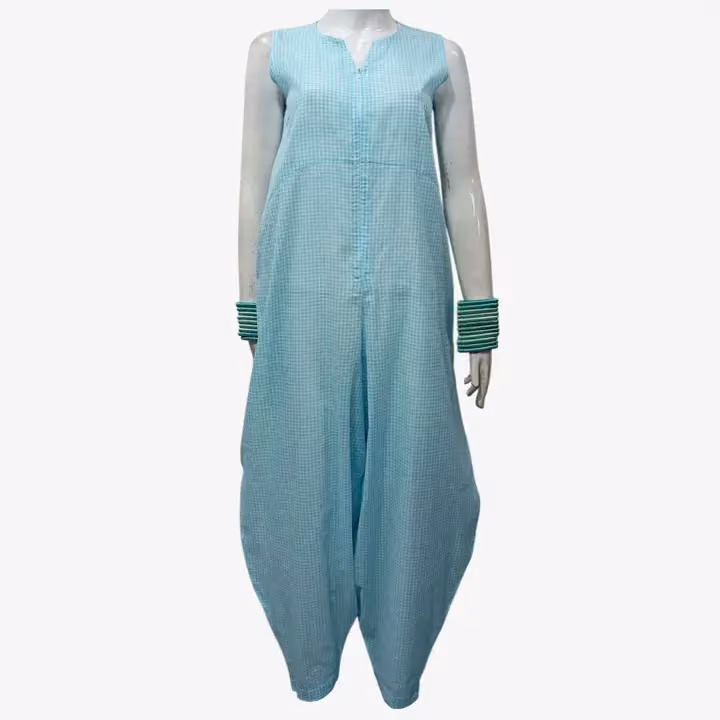 Turquoise & White Gingham Cotton Jumpsuit — Bibi Russell, Date not documented