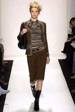 Striped knit beneath a fitted brown jacket — James Coviello, Fall 2003 Ready-to-Wear