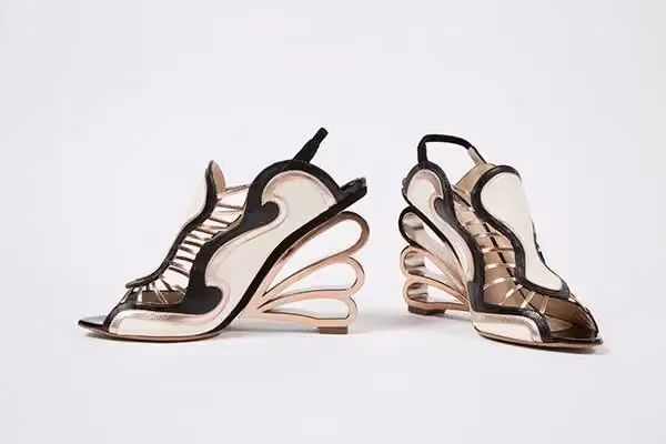 Wave-design slingback wedge sandals in ivory, black and gold — Nicholas Kirkwood, Spring 2013