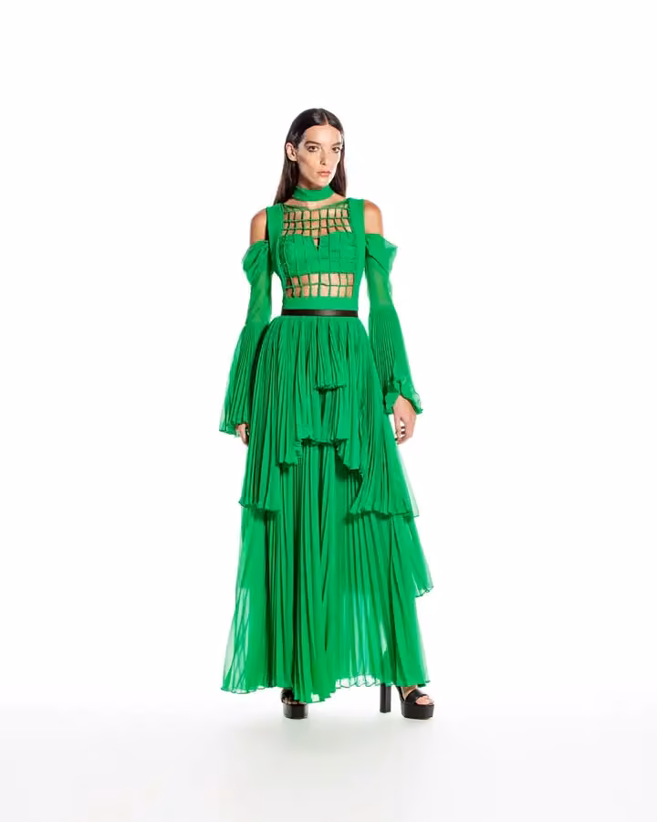 Green belted tiered long ensemble — Hussein Bazaza, Date not documented