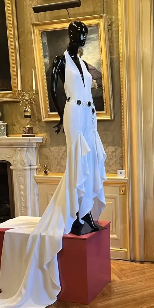 White sculptural evening gown on mannequin — Bruce Oldfield, Date not documented