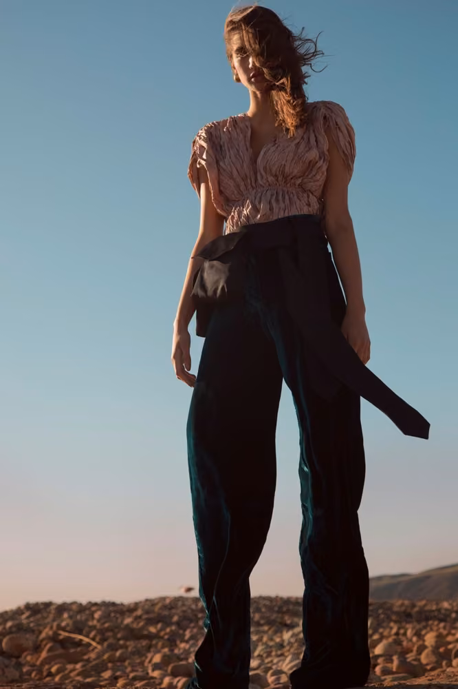 Soft patterned blouse and wide black trousers — Juan Carlos Obando, Fall 2017 Ready-to-Wear
