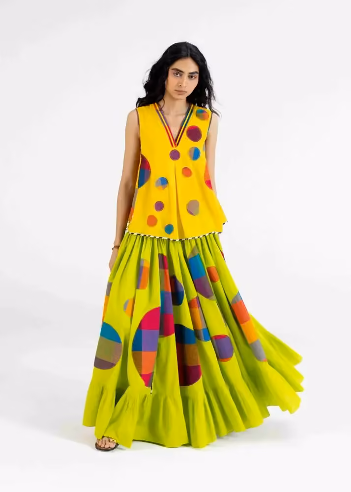 Lime-green skirt and a yellow vest — Abu Jani & Sandeep Khosla, Date not stated