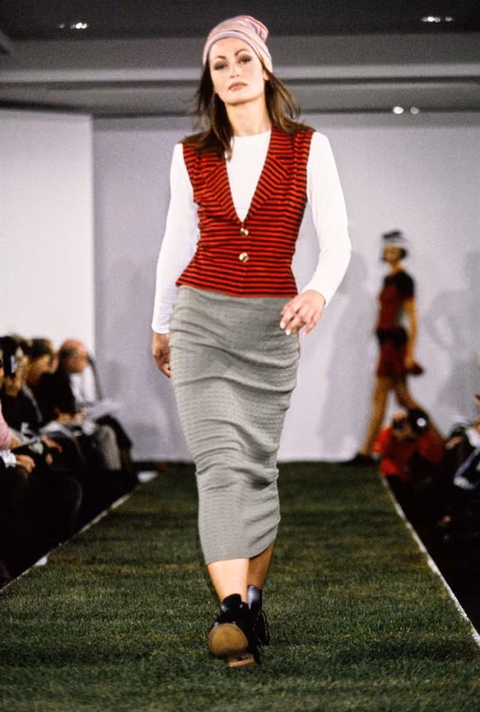 Red vest and gray skirt by Christian Francis Roth, Spring 1993 Ready-to-Wear.
